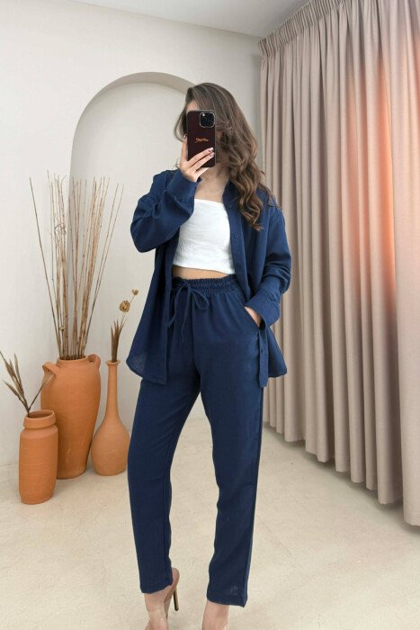 SHIRT+TROUSERS LACINGS ONE COLOR WOMEN SET ELECTRIC BLUE/BLEL 