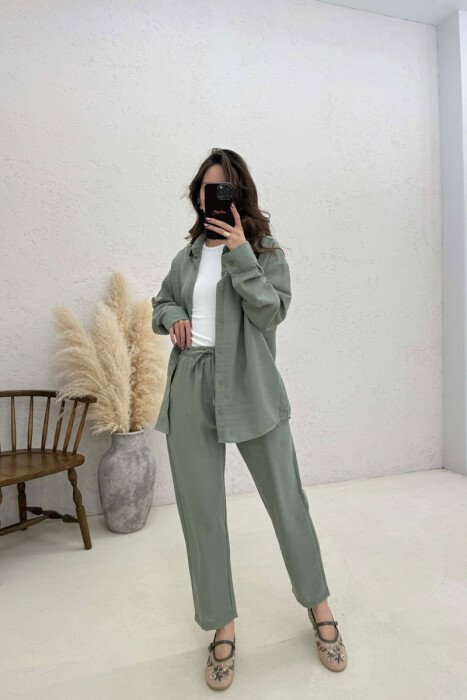 SHIRT+TROUSERS LACINGS ONE COLOR WOMEN SET GREEN/JESHILE 