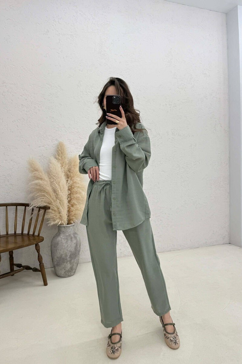 SHIRT+TROUSERS LACINGS ONE COLOR WOMEN SET GREEN/JESHILE - 1