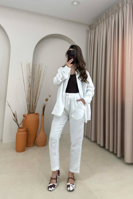 SHIRT+TROUSERS LACINGS ONE COLOR WOMEN SET WHITE-E BARDHE - KLAUDIO FASHION