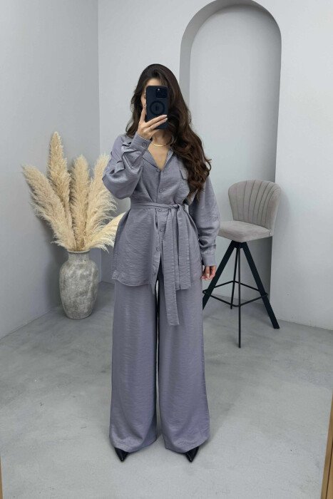 SHIRT+TROUSERS SHINY MATERIAL WOMEN SET GREY/GRI 