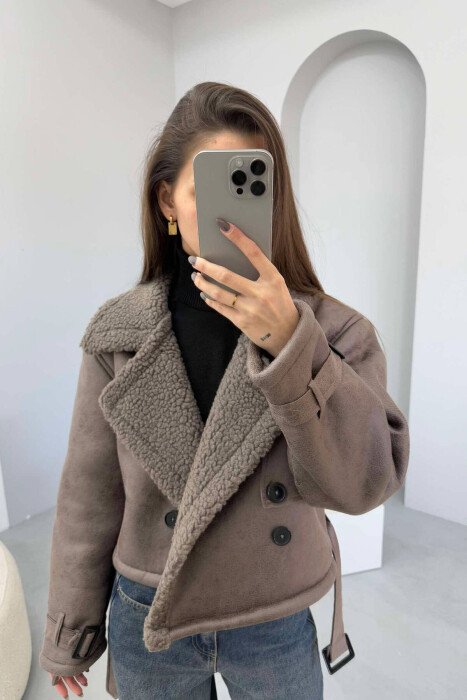 SHORT BELTED FLUFFY WOMEN JACKET GREY/GRI - KLAUDIO FASHION