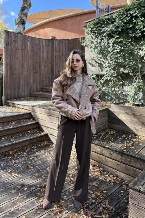 SHORT BELTED FLUFFY WOMEN JACKET BROWN/KAFE - KLAUDIO FASHION
