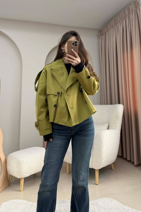 SHORT DOUBLE-BREASTED TRENCH WOMEN COAT LIGHT GREEN/JEZB - KLAUDIO FASHION