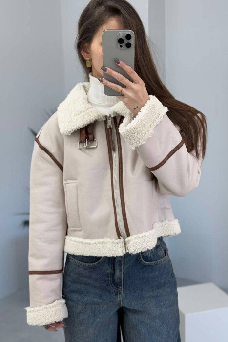 SHORT LEATHER FLUFFY WOMEN JACKET CREAM/KREM - 