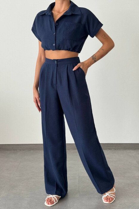 SHORT SHIRT+LONG TROUSERS LINEN WOMAN SET BLUE/BLU - KLAUDIO FASHION