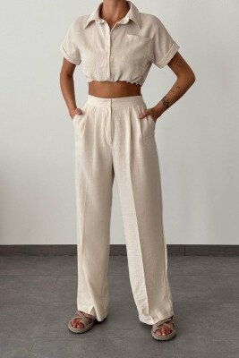 SHORT SHIRT+LONG TROUSERS LINEN WOMAN SET CREAM/KREM 
