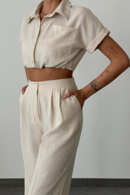 SHORT SHIRT+LONG TROUSERS LINEN WOMAN SET CREAM/KREM - 2