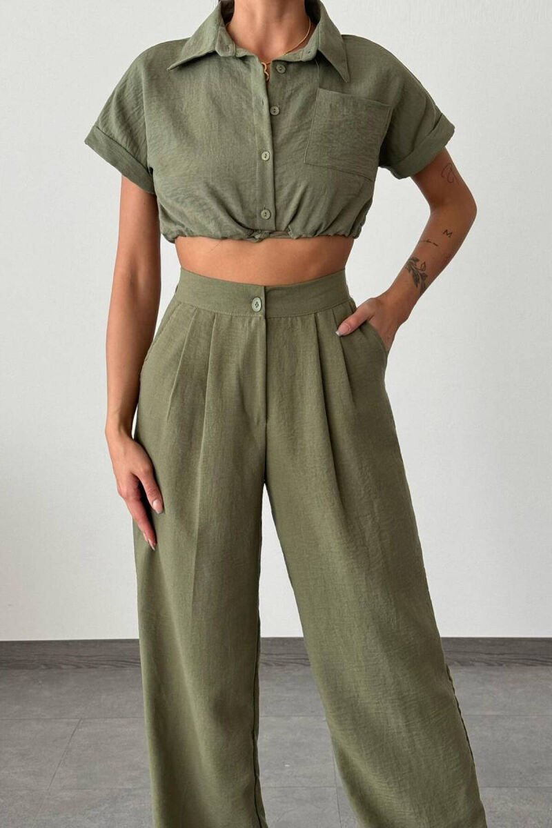 SHORT SHIRT+LONG TROUSERS LINEN WOMAN SET GREEN/JESHILE - 1