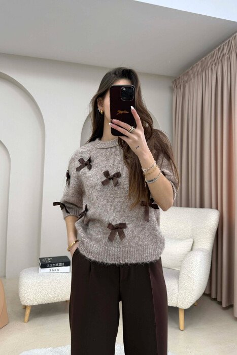 SHORT SLEEVE BOW DETAIL WOMAN SWEATER BEIGE/BEZHE - 1