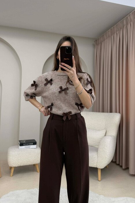 SHORT SLEEVE BOW DETAIL WOMAN SWEATER BEIGE/BEZHE - 3