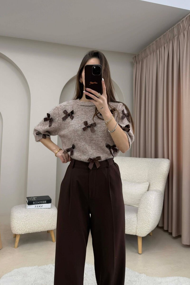 SHORT SLEEVE BOW DETAIL WOMAN SWEATER BEIGE/BEZHE - 3