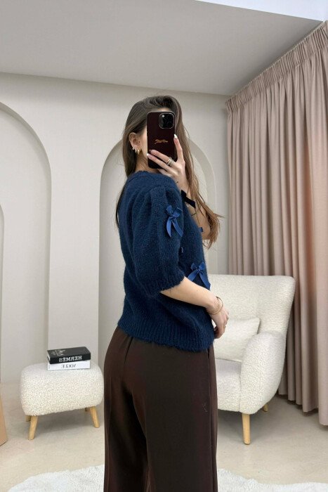SHORT SLEEVE BOW DETAIL WOMAN SWEATER DARK BLUE/BEE - 2