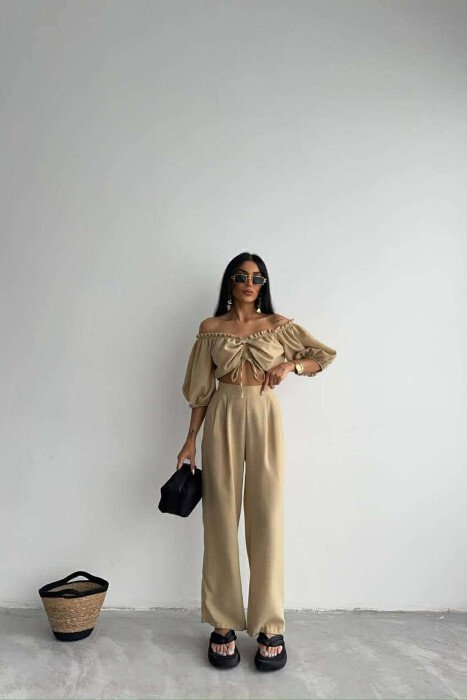 SET CROP TOP + PANTALLONA PER FEMRA NE NGJYRE BEZHE - KLAUDIO FASHION