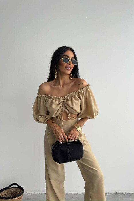 SHORT SLEEVE CROP TOP +TROUSERS WOMAN TWO PIECE SET BEIGE/BEZHE - 2