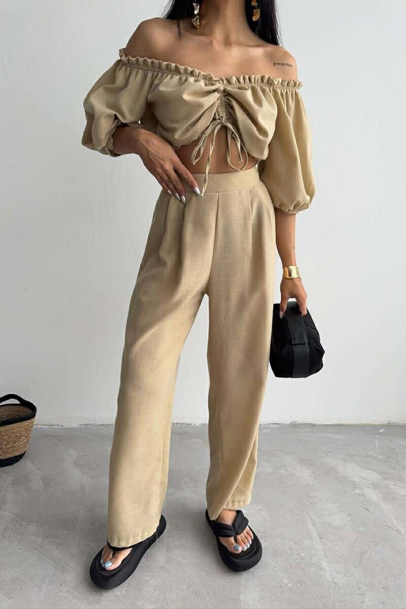 SHORT SLEEVE CROP TOP +TROUSERS WOMAN TWO PIECE SET BEIGE/BEZHE - 4