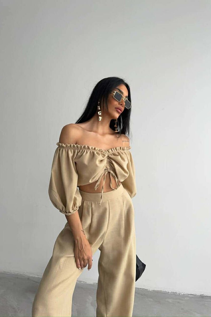 SHORT SLEEVE CROP TOP +TROUSERS WOMAN TWO PIECE SET BEIGE/BEZHE - 7