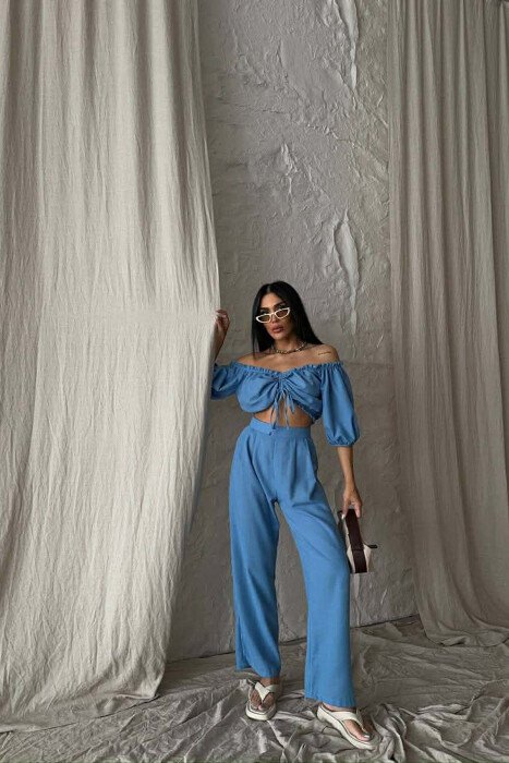 SHORT SLEEVE CROP TOP +TROUSERS WOMAN TWO PIECE SET BLUE/BLU - 1