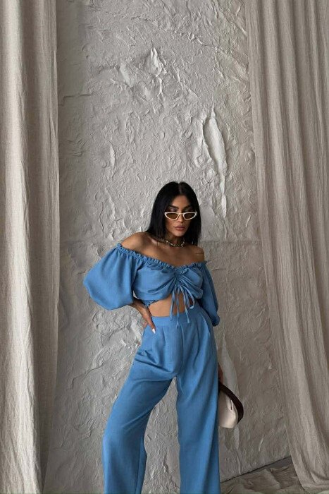 SHORT SLEEVE CROP TOP +TROUSERS WOMAN TWO PIECE SET BLUE/BLU - 2