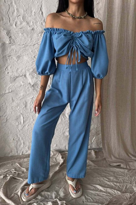 SHORT SLEEVE CROP TOP +TROUSERS WOMAN TWO PIECE SET BLUE/BLU - 3