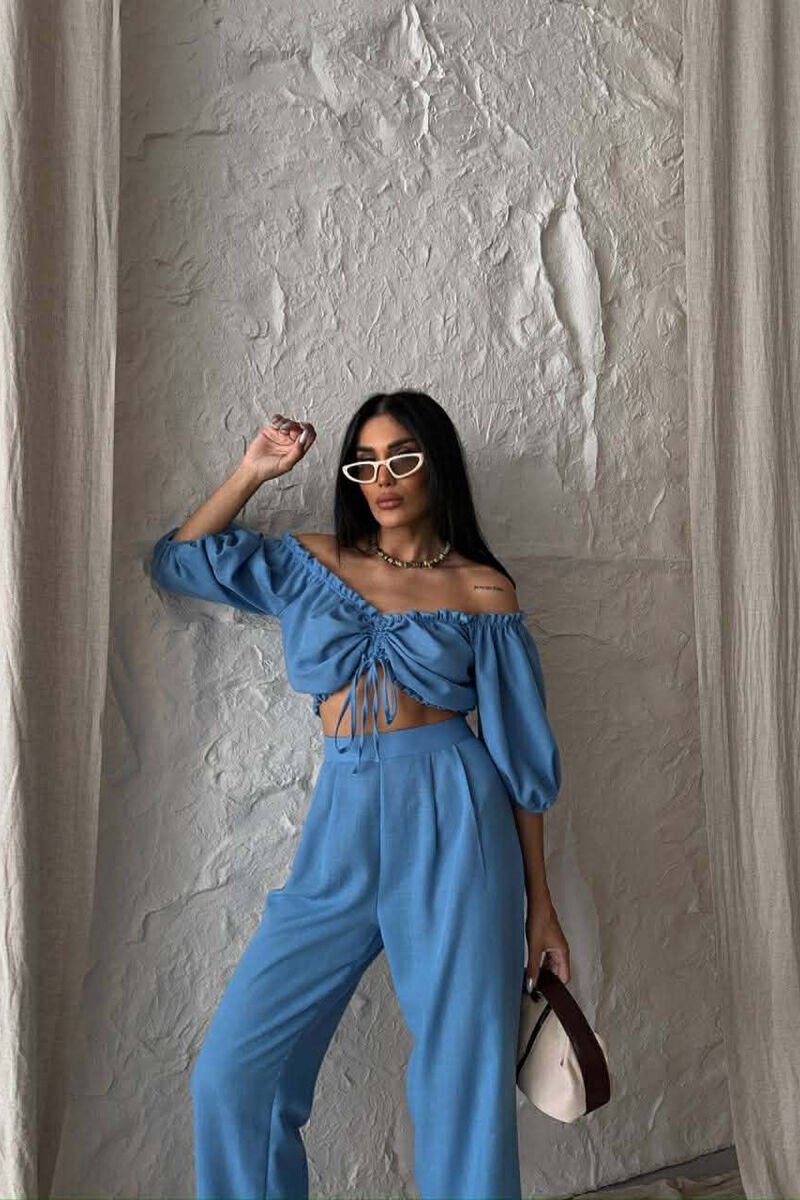 SHORT SLEEVE CROP TOP +TROUSERS WOMAN TWO PIECE SET BLUE/BLU - 4