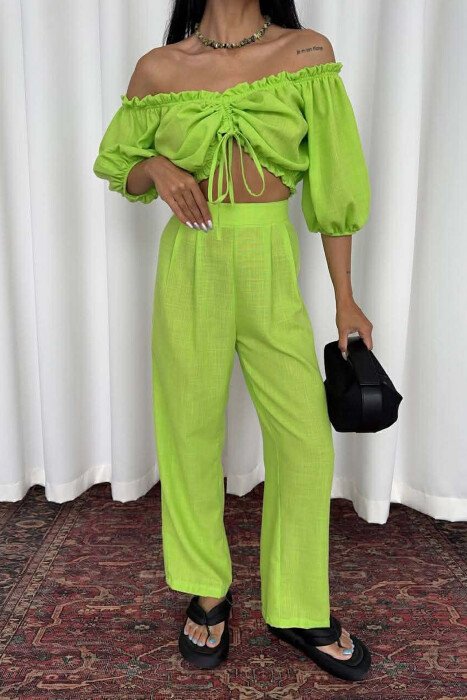 SHORT SLEEVE CROP TOP +TROUSERS WOMAN TWO PIECE SET NEON/NEON - 2