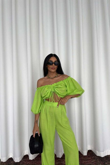 SHORT SLEEVE CROP TOP +TROUSERS WOMAN TWO PIECE SET NEON/NEON - 4