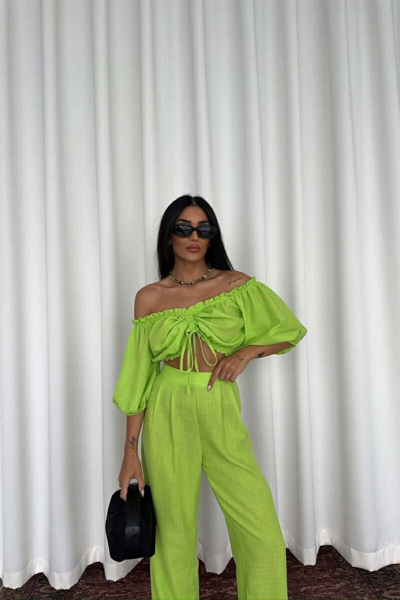 SHORT SLEEVE CROP TOP +TROUSERS WOMAN TWO PIECE SET NEON/NEON - 4