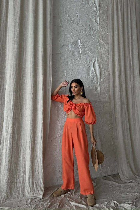 SHORT SLEEVE CROP TOP +TROUSERS WOMAN TWO PIECE SET ORANGE/PORTOKALLI - 4