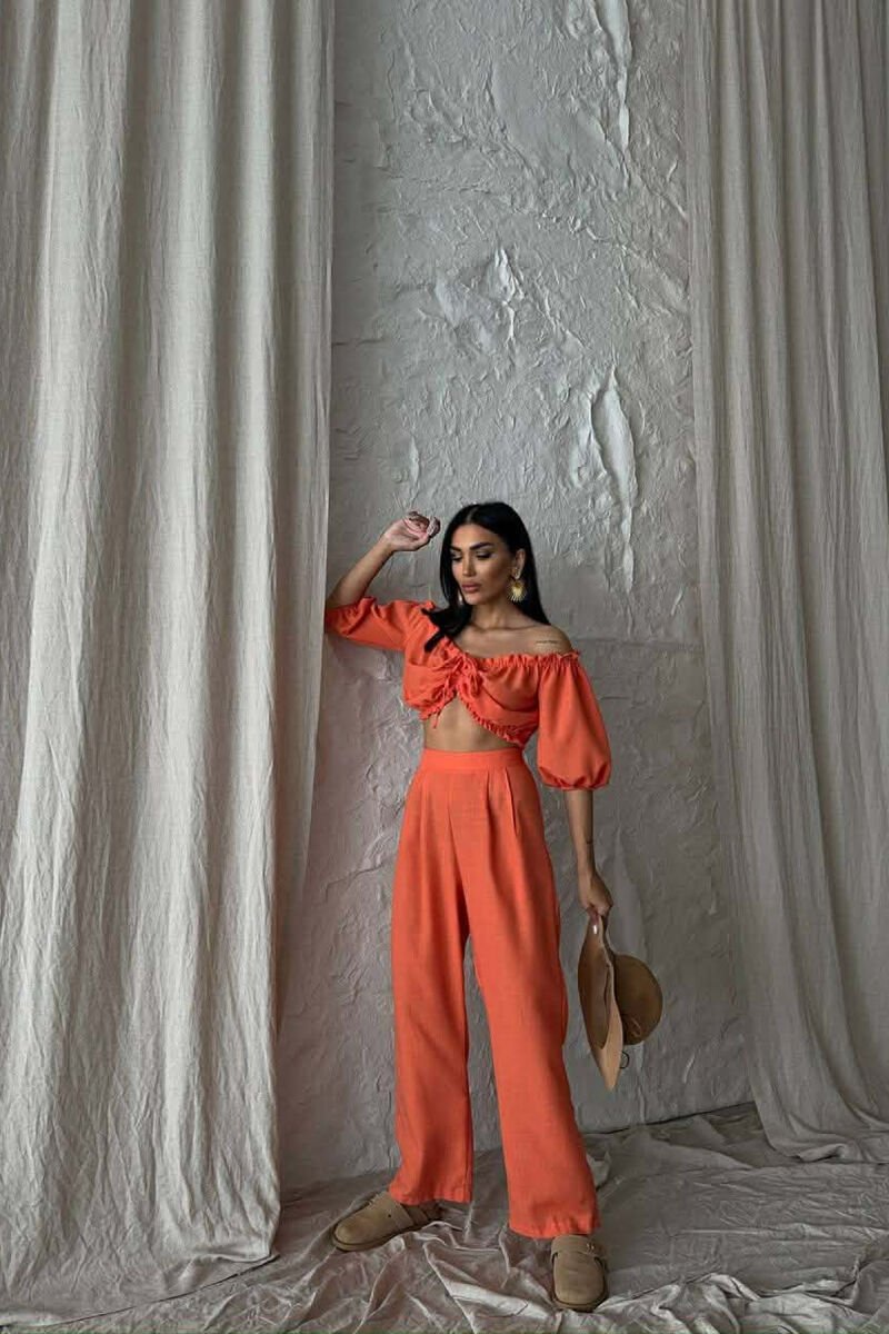 SHORT SLEEVE CROP TOP +TROUSERS WOMAN TWO PIECE SET ORANGE/PORTOKALLI - 4