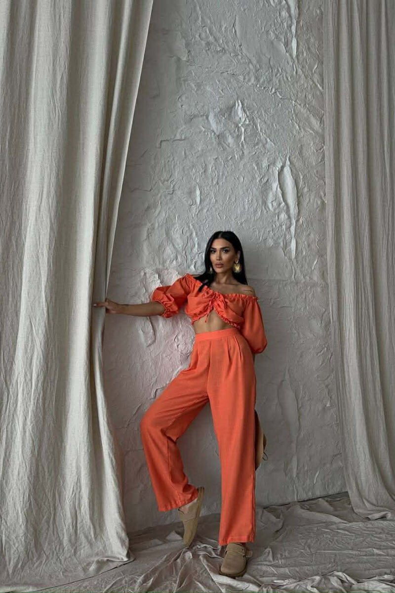 SHORT SLEEVE CROP TOP +TROUSERS WOMAN TWO PIECE SET ORANGE/PORTOKALLI - 6