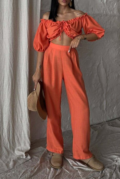 SHORT SLEEVE CROP TOP +TROUSERS WOMAN TWO PIECE SET ORANGE/PORTOKALLI - 7