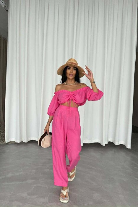 SHORT SLEEVE CROP TOP +TROUSERS WOMAN TWO PIECE SET PINK/ROZE 