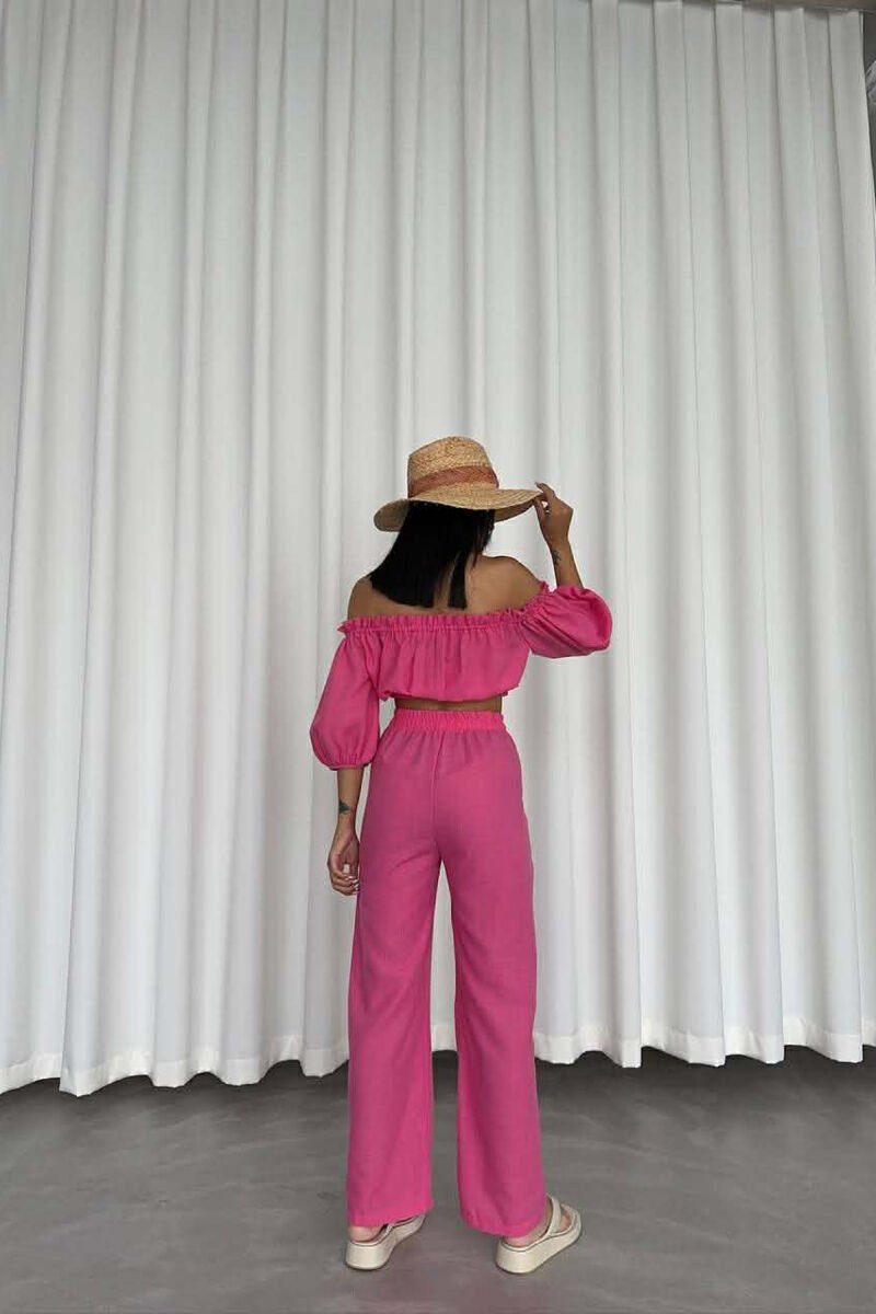 SHORT SLEEVE CROP TOP +TROUSERS WOMAN TWO PIECE SET PINK/ROZE - 4