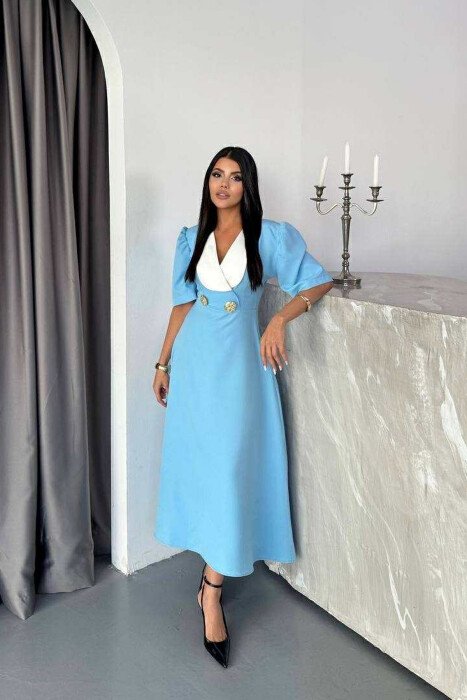 FUSTAN ME MENGË TË SHKURTRA ME DETAJIN E KOPSAVE GOLD PËR FEMRA NË NGJYRËN BLU E ZBARDHUR 