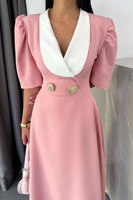 SHORT SLEEVE GOLD BUTTONS DETAILS WOMEN DRESS POWDER/PUDER - 2