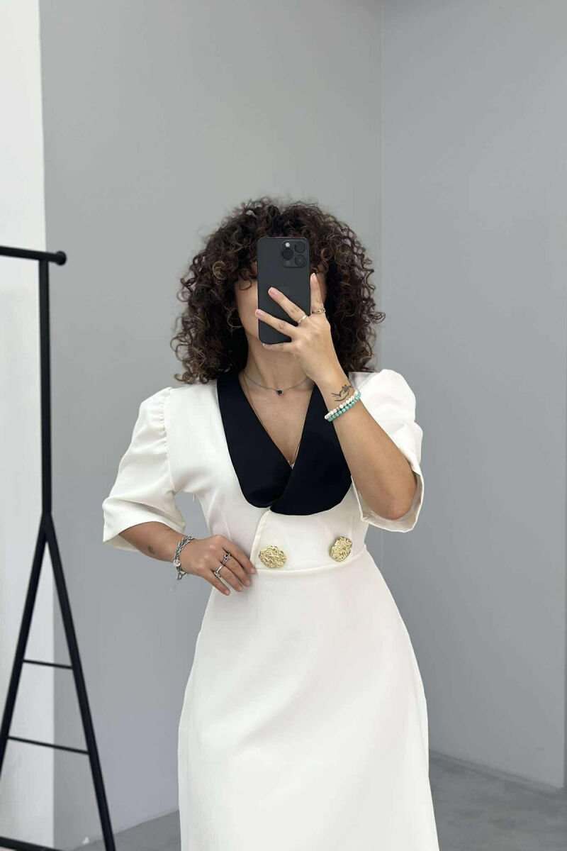 SHORT SLEEVE GOLD BUTTONS DETAILS WOMEN DRESS WHITE-E BARDHE - 5