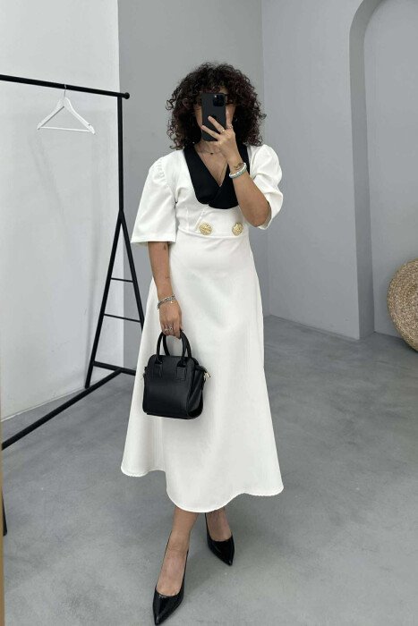 SHORT SLEEVE GOLD BUTTONS DETAILS WOMEN DRESS WHITE-E BARDHE - 7