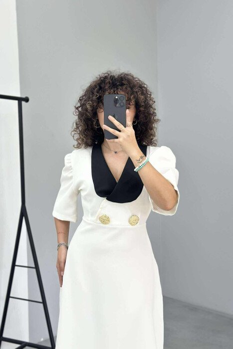 SHORT SLEEVE GOLD BUTTONS DETAILS WOMEN DRESS WHITE-E BARDHE - 11