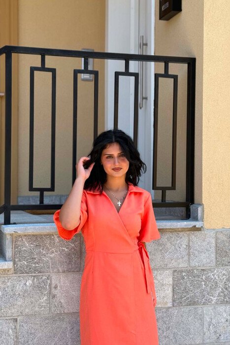 SHORT SLEEVE LACING WAIST WOMAN DRESS ORANGE/PORTOKALLI - 3