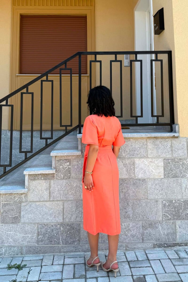 SHORT SLEEVE LACING WAIST WOMAN DRESS ORANGE/PORTOKALLI - 6