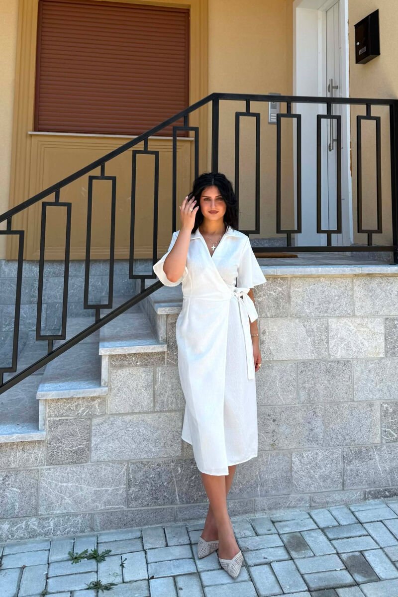 SHORT SLEEVE LACING WAIST WOMAN DRESS WHITE-E BARDHE - 1
