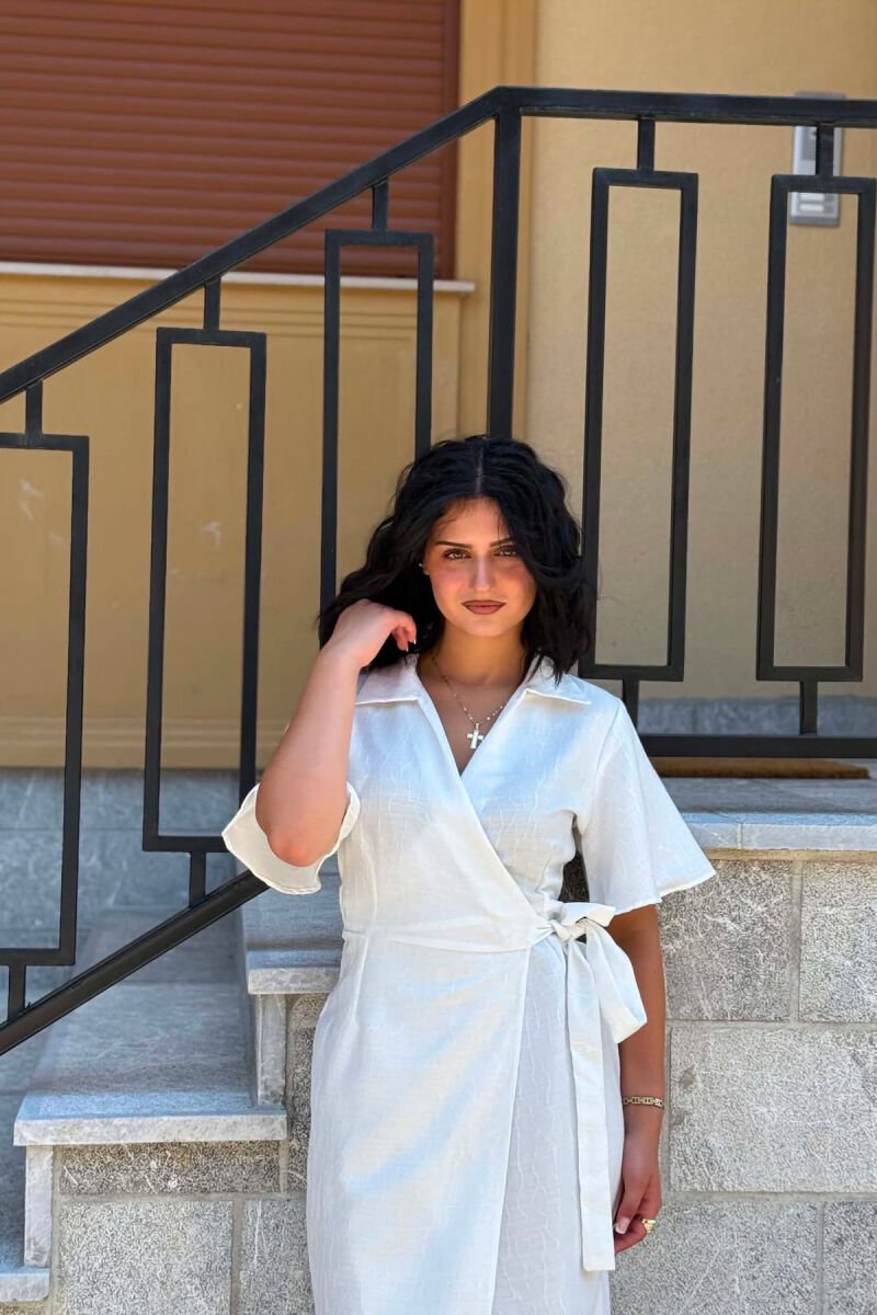 SHORT SLEEVE LACING WAIST WOMAN DRESS WHITE-E BARDHE - 3