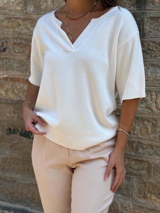 SHORT SLEEVE ONE COLOR KNITTED V NECK WOMEN SWEATER WHITE-E BARDHE - 2
