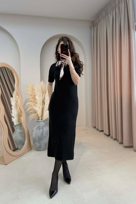 SHORT SLEEVE ONE COLOR LONG WOMEN DRESS BLACK/ E ZEZE - 1