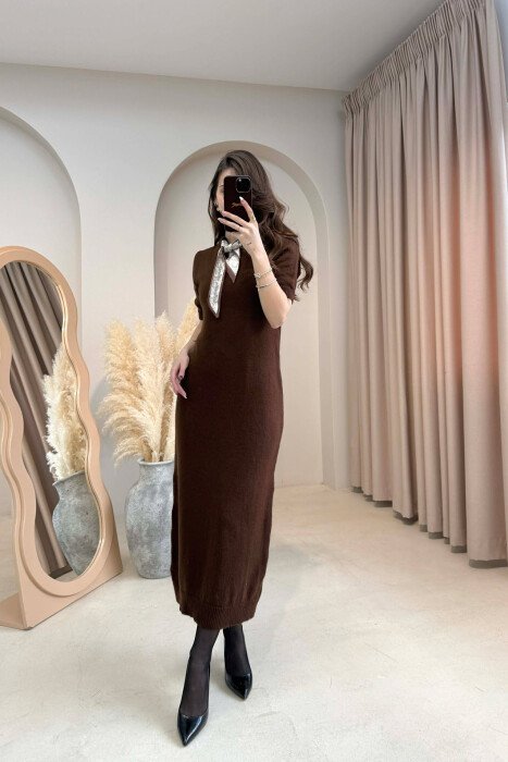 SHORT SLEEVE ONE COLOR LONG WOMEN DRESS BROWN/KAFE - KLAUDIO FASHION