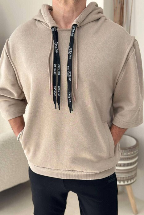 SHORT SLEEVE ONE COLOR MEN HOODIE BEIGE/BEZHE HOODIES KLAUDIO