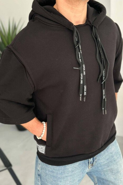 SHORT SLEEVE ONE COLOR MEN HOODIE BLACK/ E ZEZE - KLAUDIO FASHION