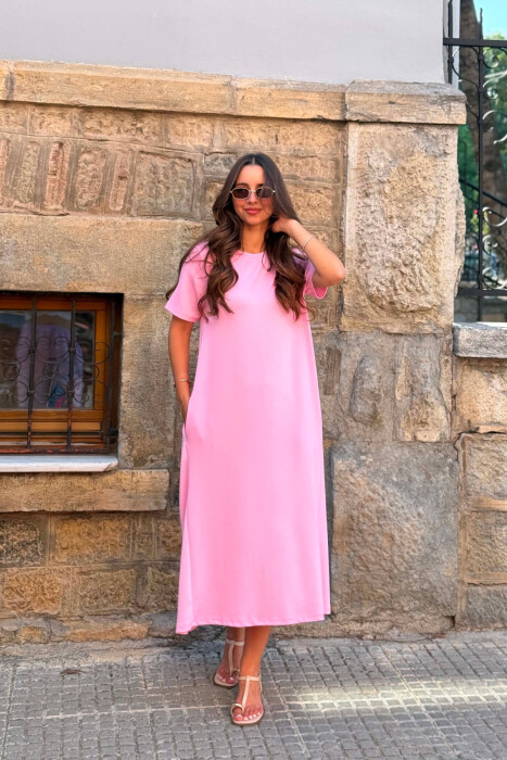 SHORT SLEEVE ONE COLOR SIMPLE WOMAN DRESS PINK/ROZE - KLAUDIO FASHION