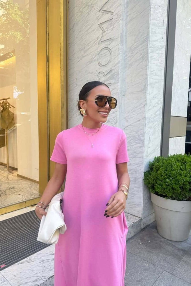 SHORT SLEEVE ONE COLOR SIMPLE WOMAN DRESS POWDER/PUDER - 2